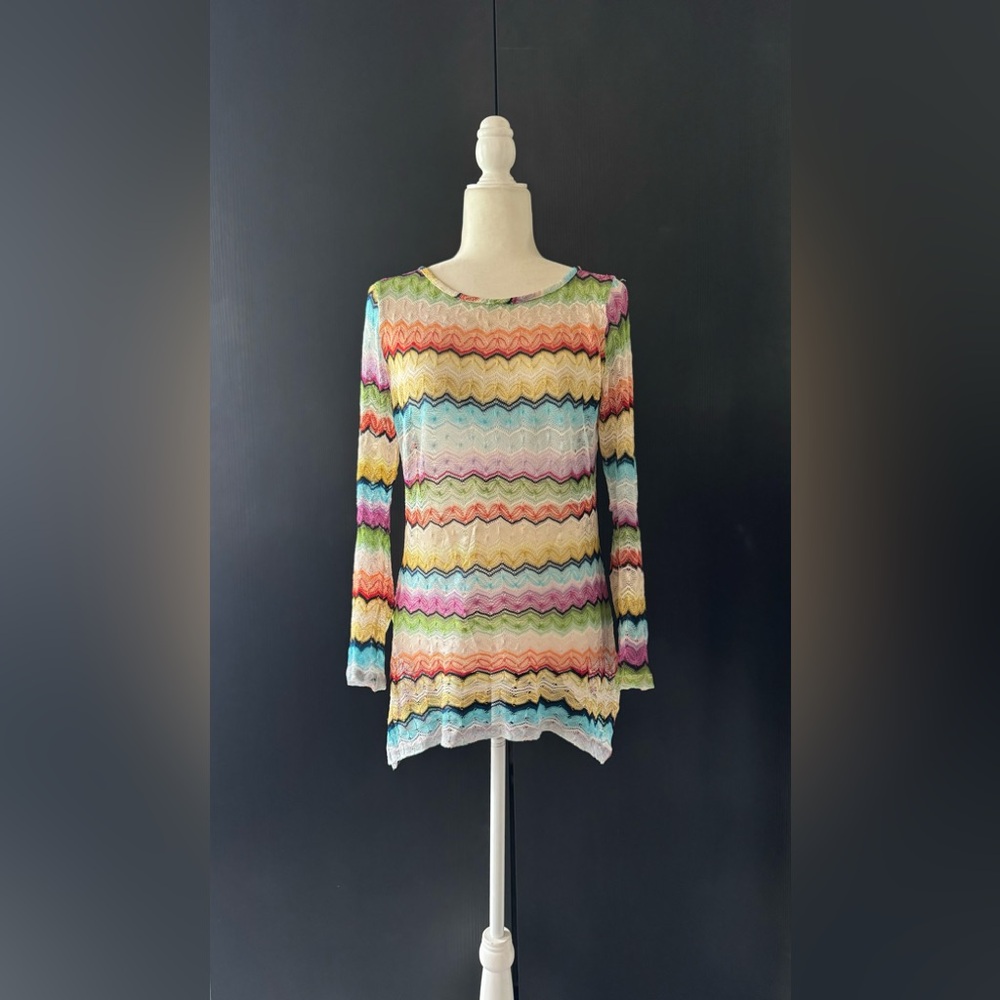 MISSONI Multicolor Zip Zag Crochet Long Sleeve Mini Tunic Beach Cover Up Dress L